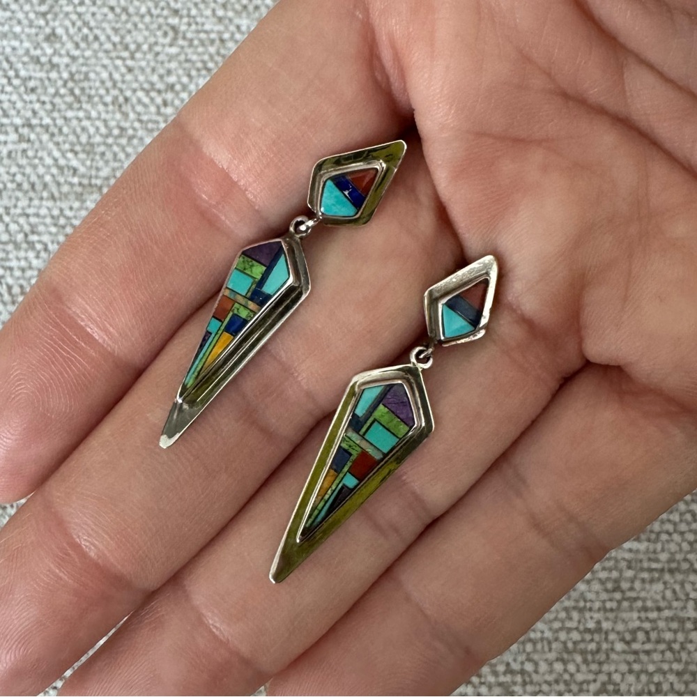 Sterling Silver Multi-Stone Inlay Drop Earrings